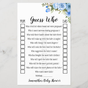 Blue Flowers Guess Who Baby Shower Game Card