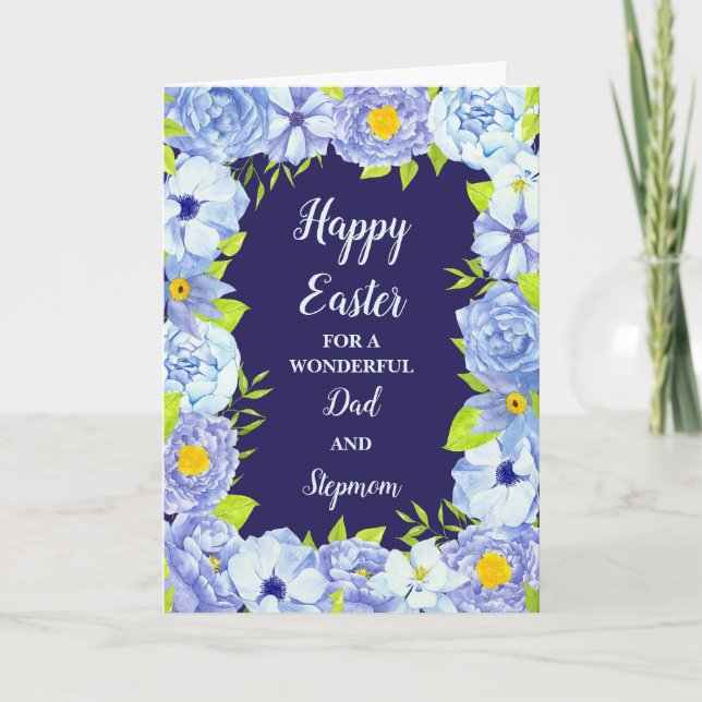 Blue Flowers Happy Easter Dad and Stepmom Holiday Card (Front)