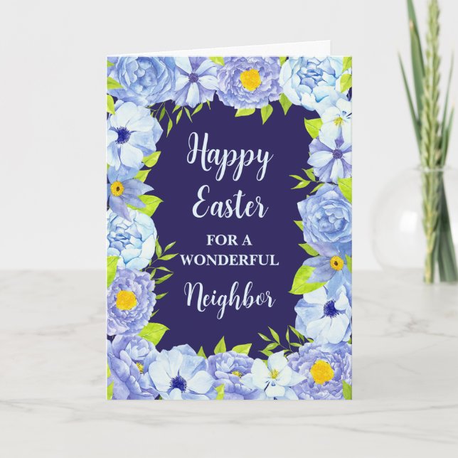 Blue Flowers Happy Easter Neighbour Holiday Card (Front)