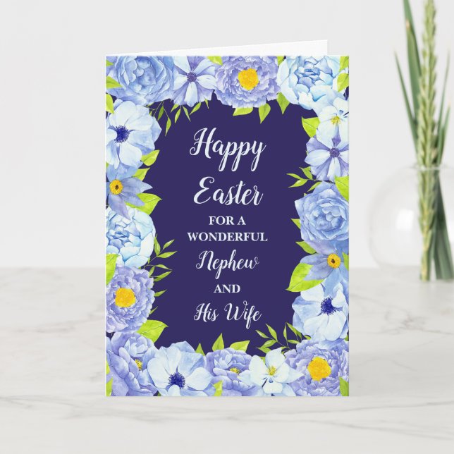 Blue Flowers Happy Easter Nephew and His Wife Holiday Card (Front)