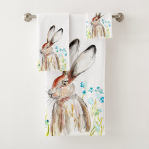 Blue flowers Hare Rabbit Wildflowers Watercolor Bath Towel Set