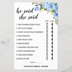 Blue Flowers He said She said Shower game card