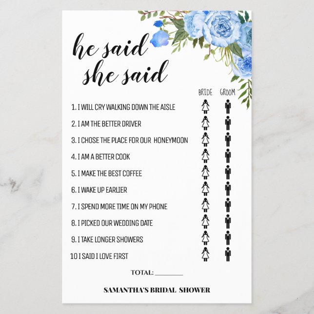 Blue Flowers He said She said Shower game card (Front)