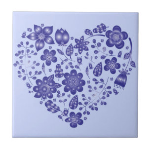 Blue Flowers Heart - Drawing Art Collection Tile