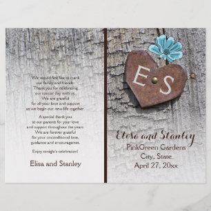 Blue flowers & heart on wood wedding program