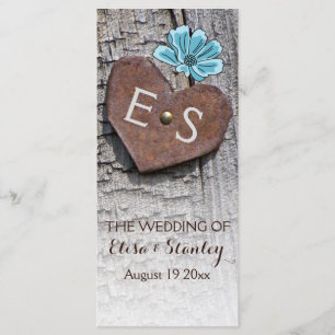 Blue flowers & heart on wood wedding program programme
