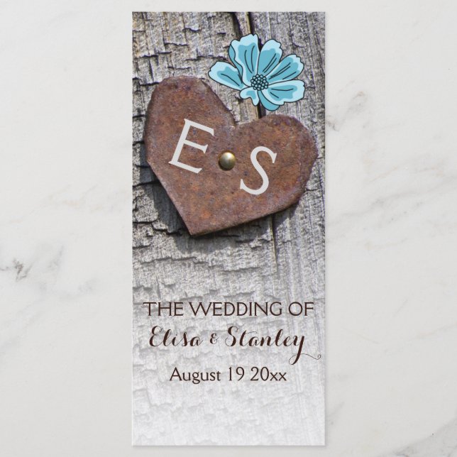 Blue flowers & heart on wood wedding program programme (Front)