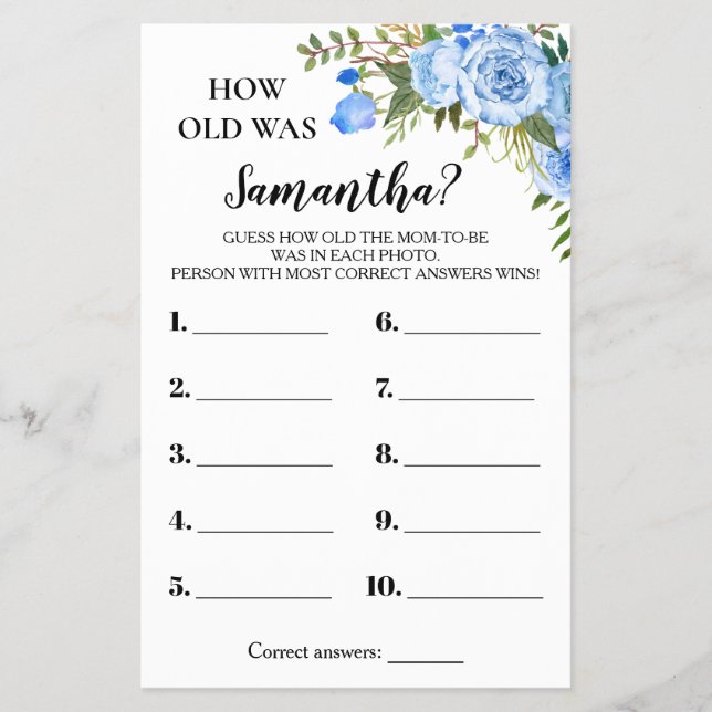 Blue Flowers How old was Mom Baby Shower Game Card (Front)