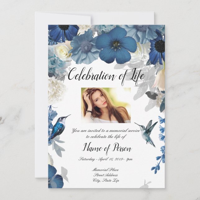 Blue Flowers Hummingbird Funeral Invitation (Front)