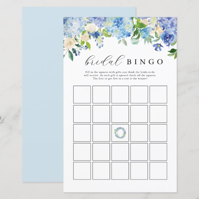 Blue Flowers Hydrangea Bridal Bingo Game Cards (Front/Back)