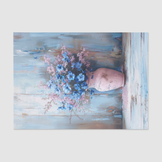 Blue Flowers in a Pink Vase Shabby Decoupage Tissue Paper (Front)