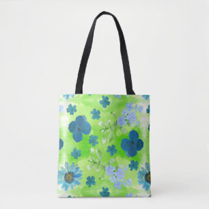 Blue Flowers in Lime Green Tote Bag