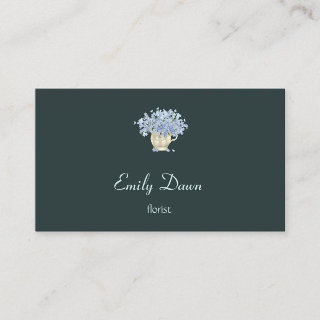 Blue flowers in vase grey business card (Front)