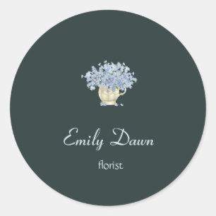 Blue flowers in vase grey classic round sticker