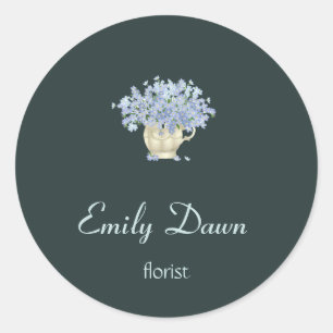 Blue flowers in vase grey classic round sticker