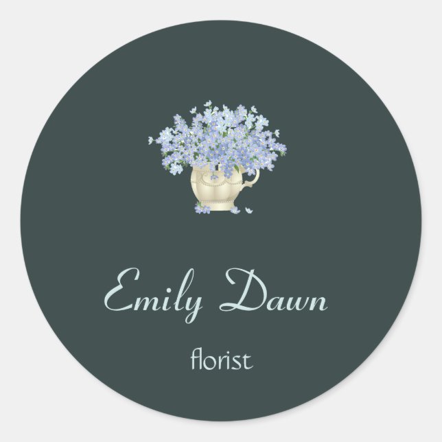 Blue flowers in vase grey classic round sticker (Front)