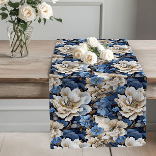 Blue Flowers Ivory Elegant Dining Table Runner