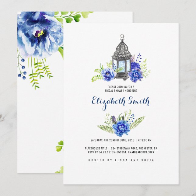 Blue Flowers Lantern Watercolor Bridal Shower Invitation (Front/Back)