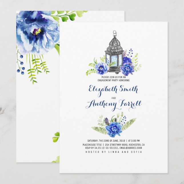 Blue Flowers Lantern Watercolor Engagement Party Invitation (Front/Back)