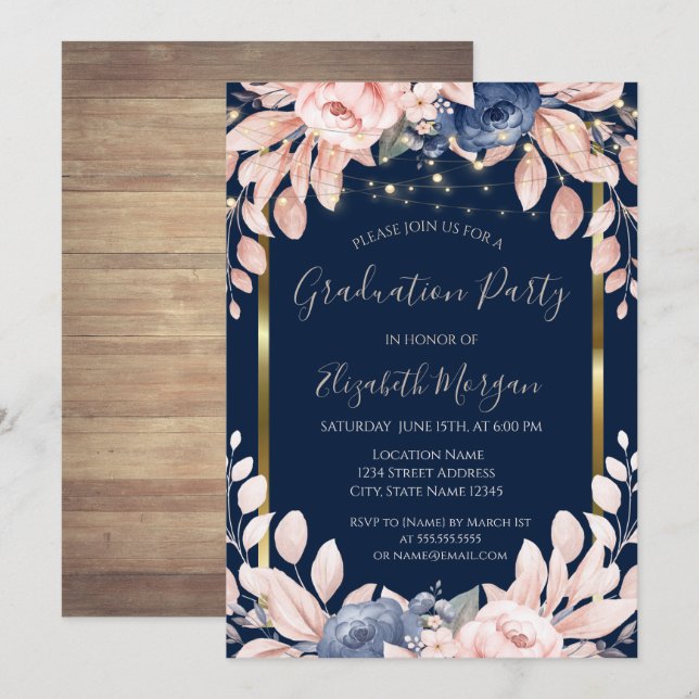 Blue Flowers,Lights, Wood, Frame Graduation Party Invitation (Front/Back)