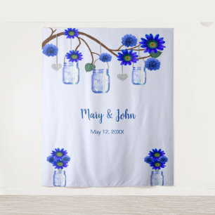 Blue Flowers Mason Jars Photo Backdrop Tapestry