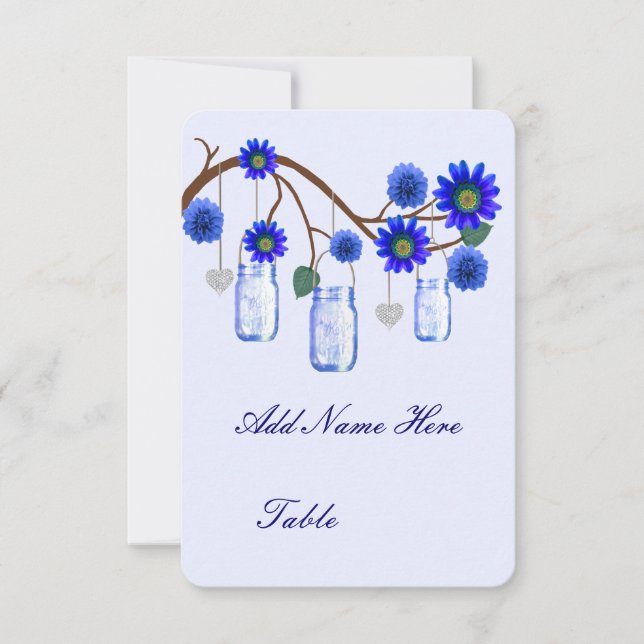 Blue Flowers Mason Jars Table Place Card (Front)