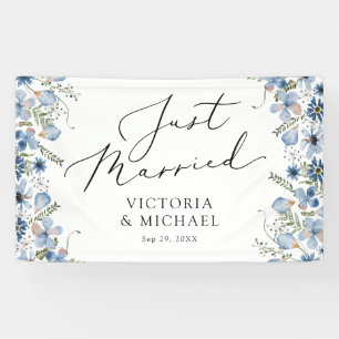 Blue Flowers Modern Just Married Banner