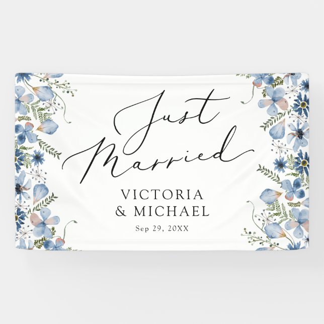 Blue Flowers Modern Just Married  Banner (Horizontal)