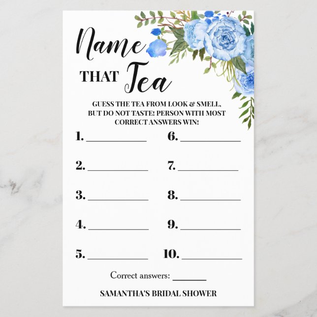Blue Flowers Name that Tea Bridal Shower Game Card (Front)