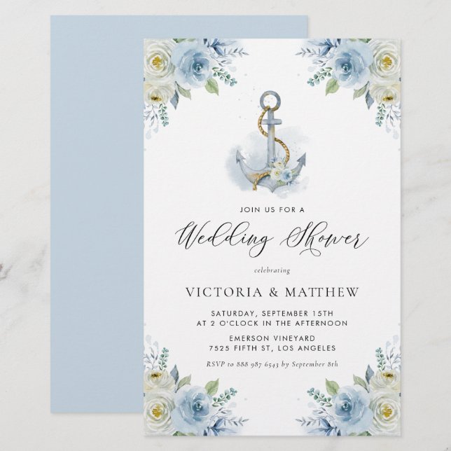 Blue Flowers Nautical Wedding Shower Invitation (Front/Back)