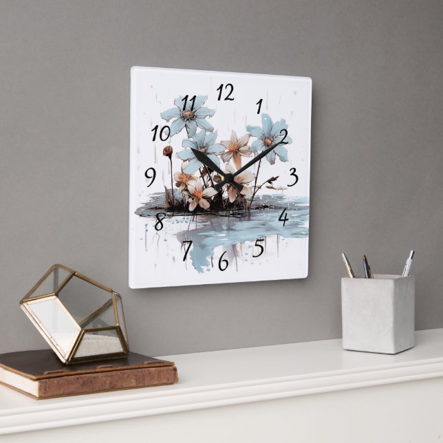 Blue Flowers On A Log Floating On Water Square Wall Clock (Office)