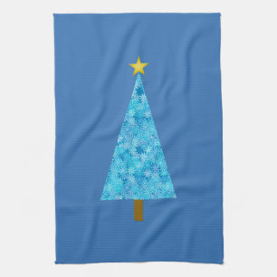 Blue flowers on a modern Christmas tree Tea Towel