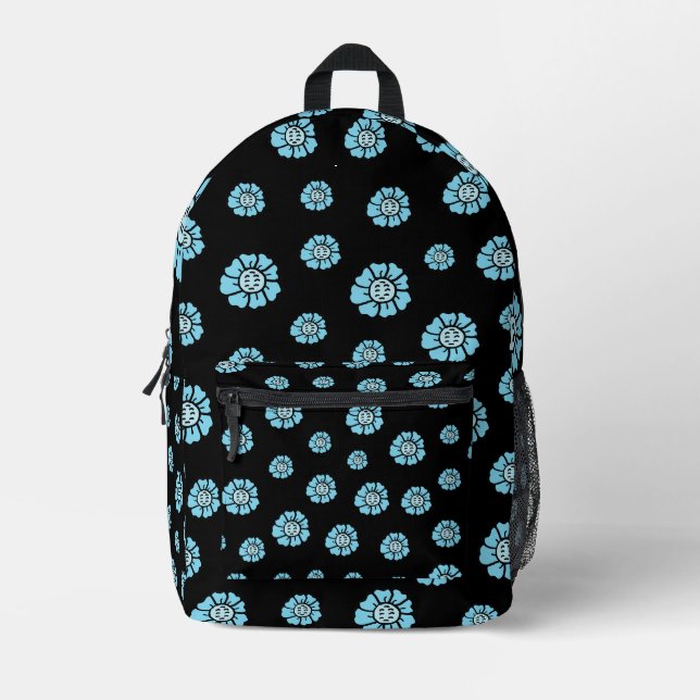 Blue flowers on Black Printed Backpack (Front)