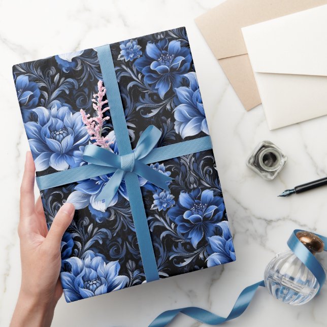 Blue Flowers on Black  Wrapping Paper (Gifting)