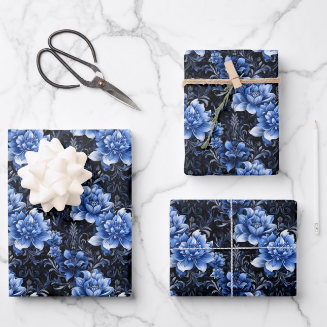 Blue Flowers on Black Wrapping Paper Sheet (Front)