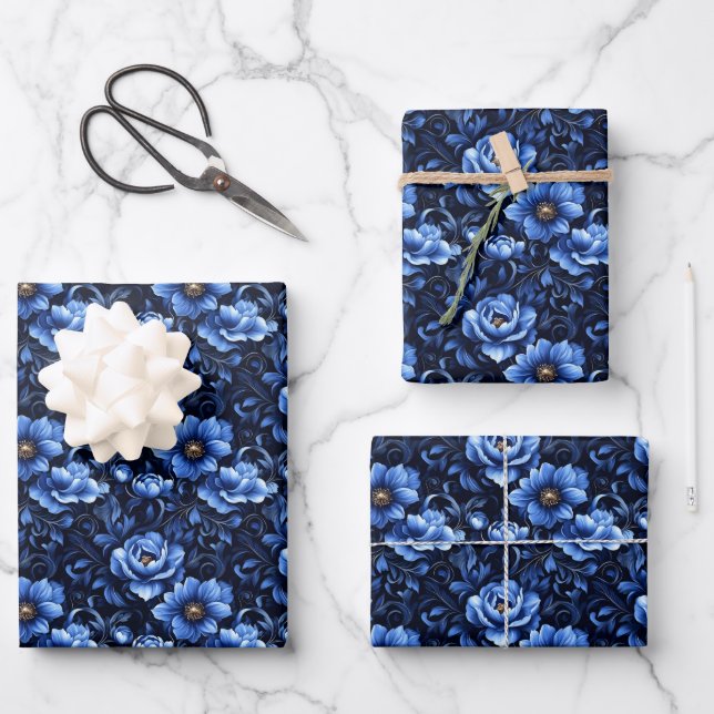 Blue Flowers on Black  Wrapping Paper Sheet (Front)