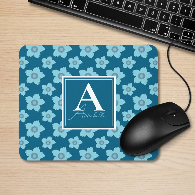 Blue Flowers On Blue Background Monogram  Mouse Mat (Creator Uploaded)