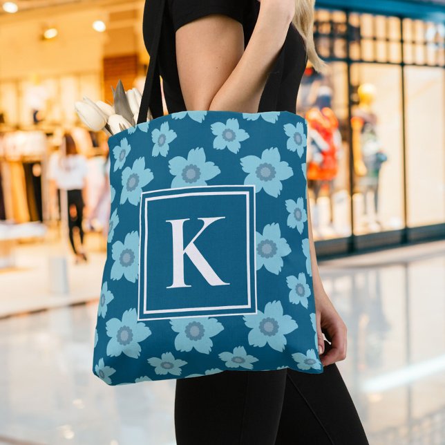 Blue Flowers On Blue Background Monogram  Tote Bag (Creator Uploaded)
