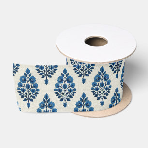 Blue Flowers on Linen Pattern Satin Ribbon