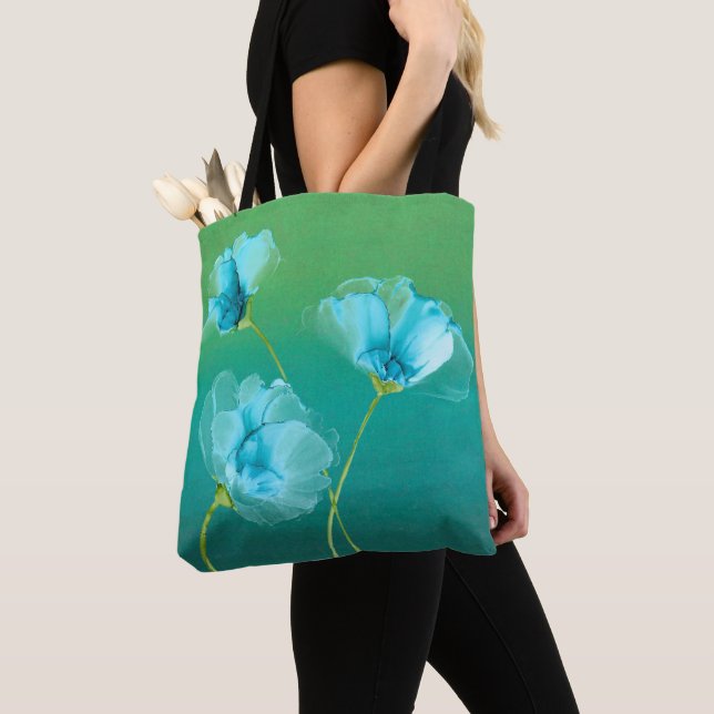 Blue Flowers on Ombre Background Tote (Close Up)