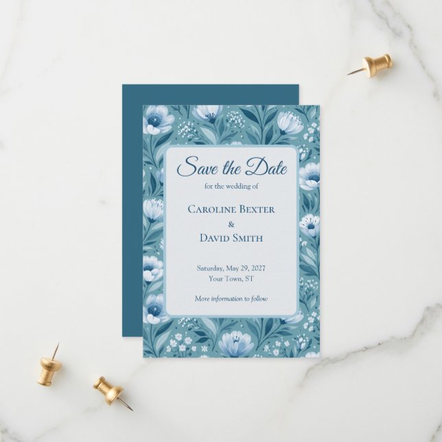 Blue Flowers on Turquoise Blue Background Save The Date (Front/Back In Situ)