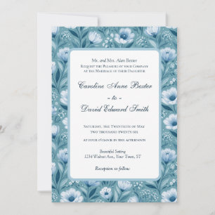 Blue Flowers on Turquoise Blue Background Wedding Invitation
