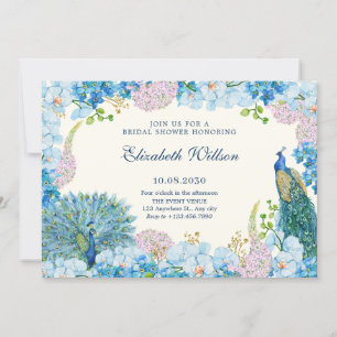 Blue flowers orchid pecock bridal shower invitation