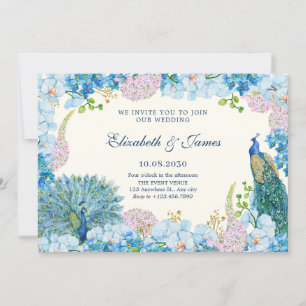 Blue flowers orchid pecock wedding invitation