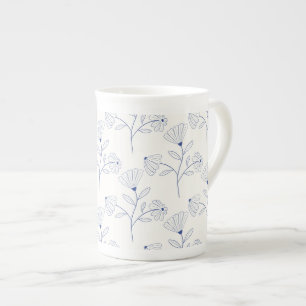 Blue flowers outline drawing in ink bone china mug