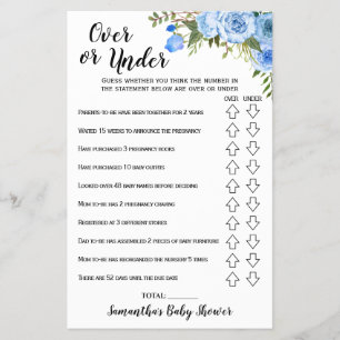 Blue Flowers Over or under Baby Shower Game card
