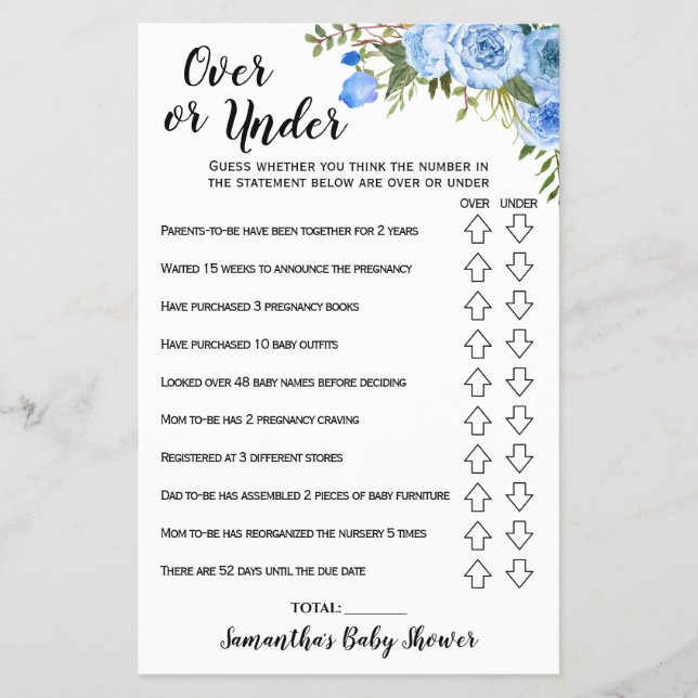 Blue Flowers Over or under Baby Shower Game card (Front)