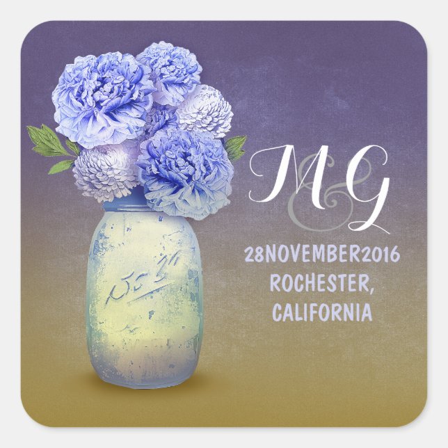 Blue flowers painted mason jar wedding stickers (Front)