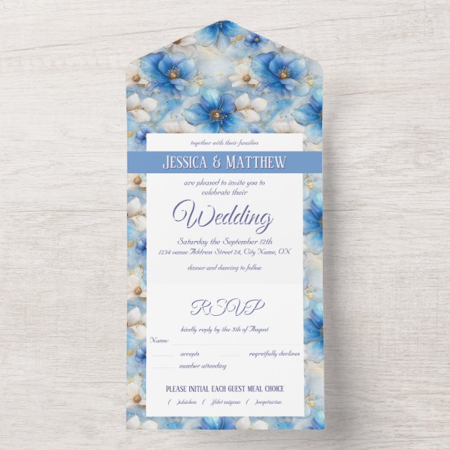 Blue Flowers Pattern All In One Invitation (Inside)