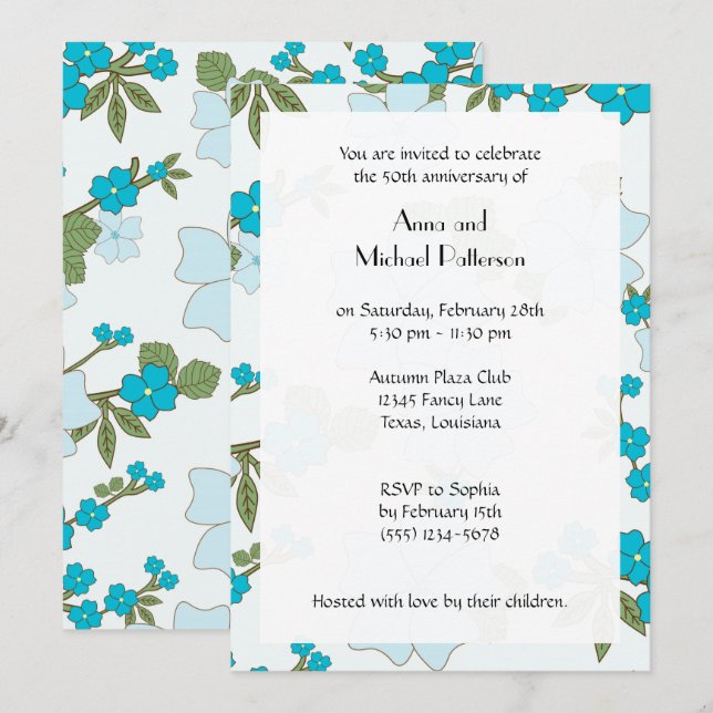 Blue Flowers, Pattern Of Flowers, Anniversary Invitation (Front/Back)
